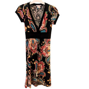 Lipstick Black Multi Coloured Paisley Print Dress With V-neck Short Sleeve SZ S